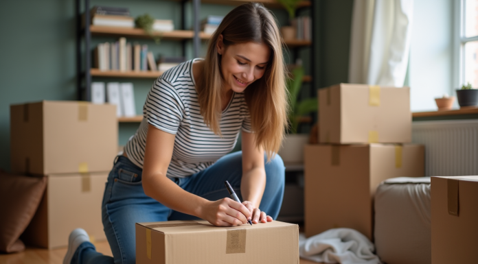 Jeune femme faisant des étiquettes sur des cartons dans un appartement