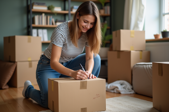 Jeune femme faisant des étiquettes sur des cartons dans un appartement