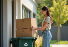 Jeune femme empilant des cartons à recycler en plein soleil