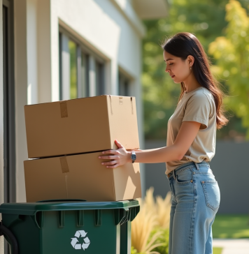 Cartons : comment se débarrasser facilement et rapidement ? Jeune femme empilant des cartons à recycler en plein soleil