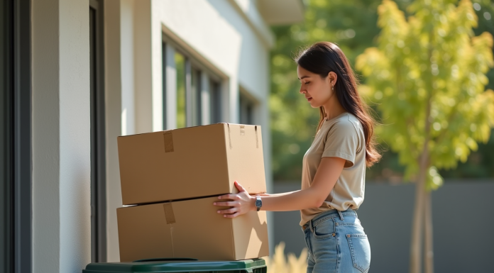 Jeune femme empilant des cartons à recycler en plein soleil