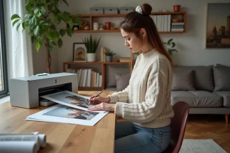 Jeune femme inspectant une photo imprimée dans un studio moderne