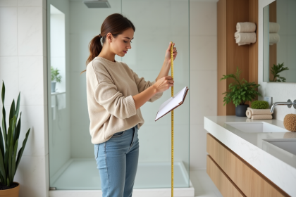 Jeune femme mesurant une salle de bain moderne avec un mètre