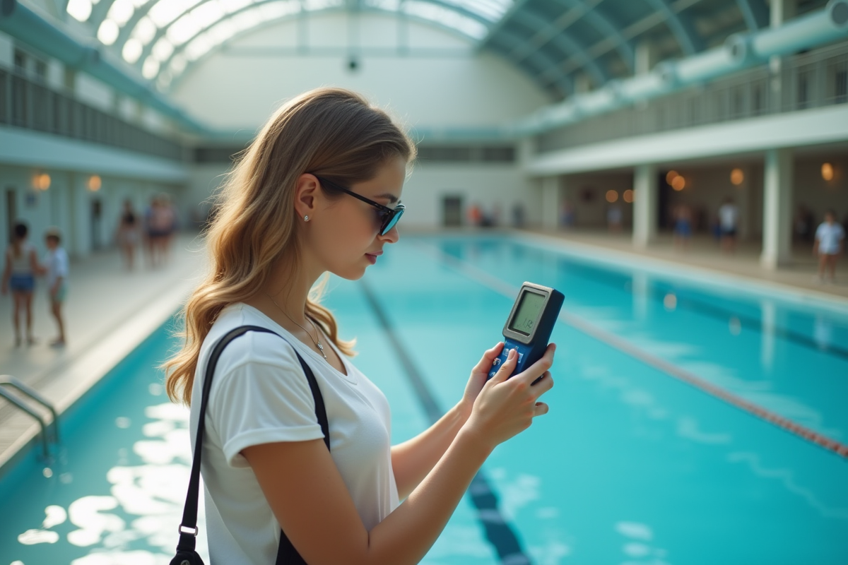 Jeune femme vérifiant le pH dans la piscine intérieure