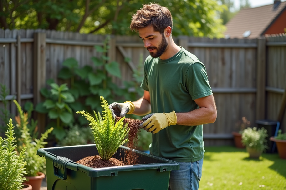 Jeune homme en jardinage jetant des marc de café dans le compost