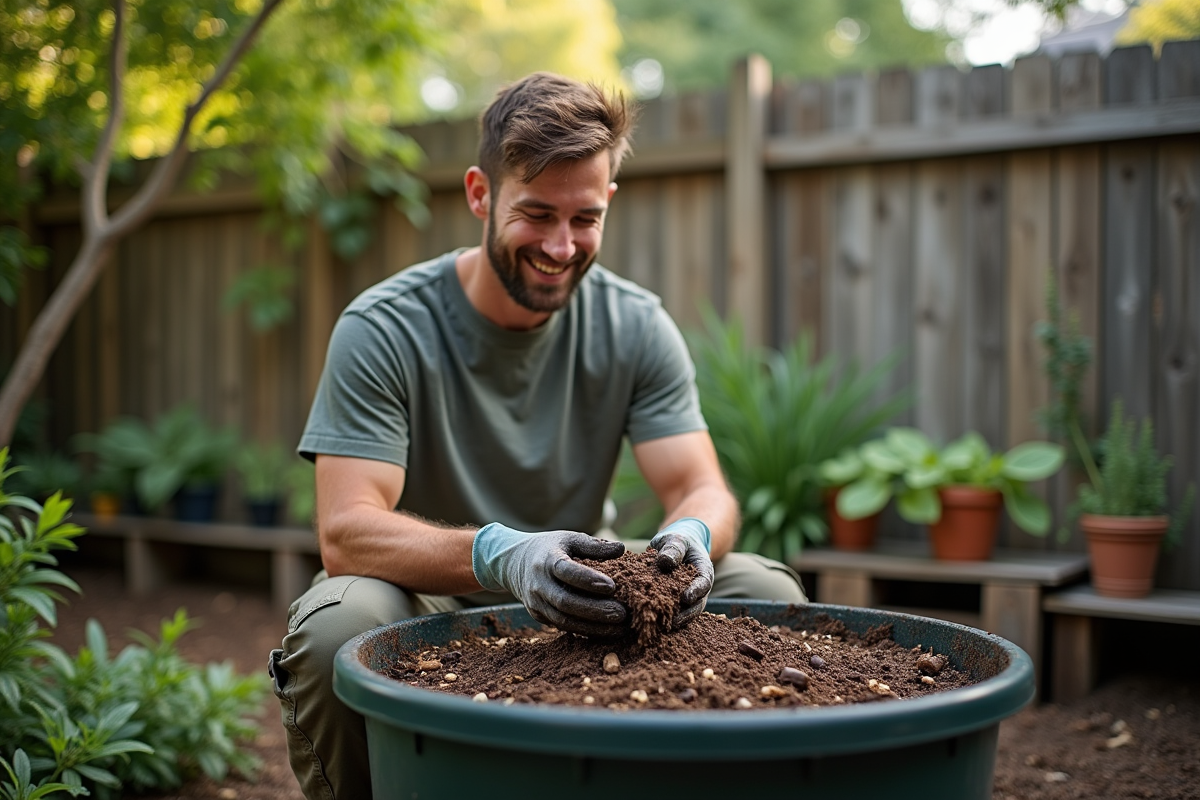 Jeune homme examine compost dans bac urbain