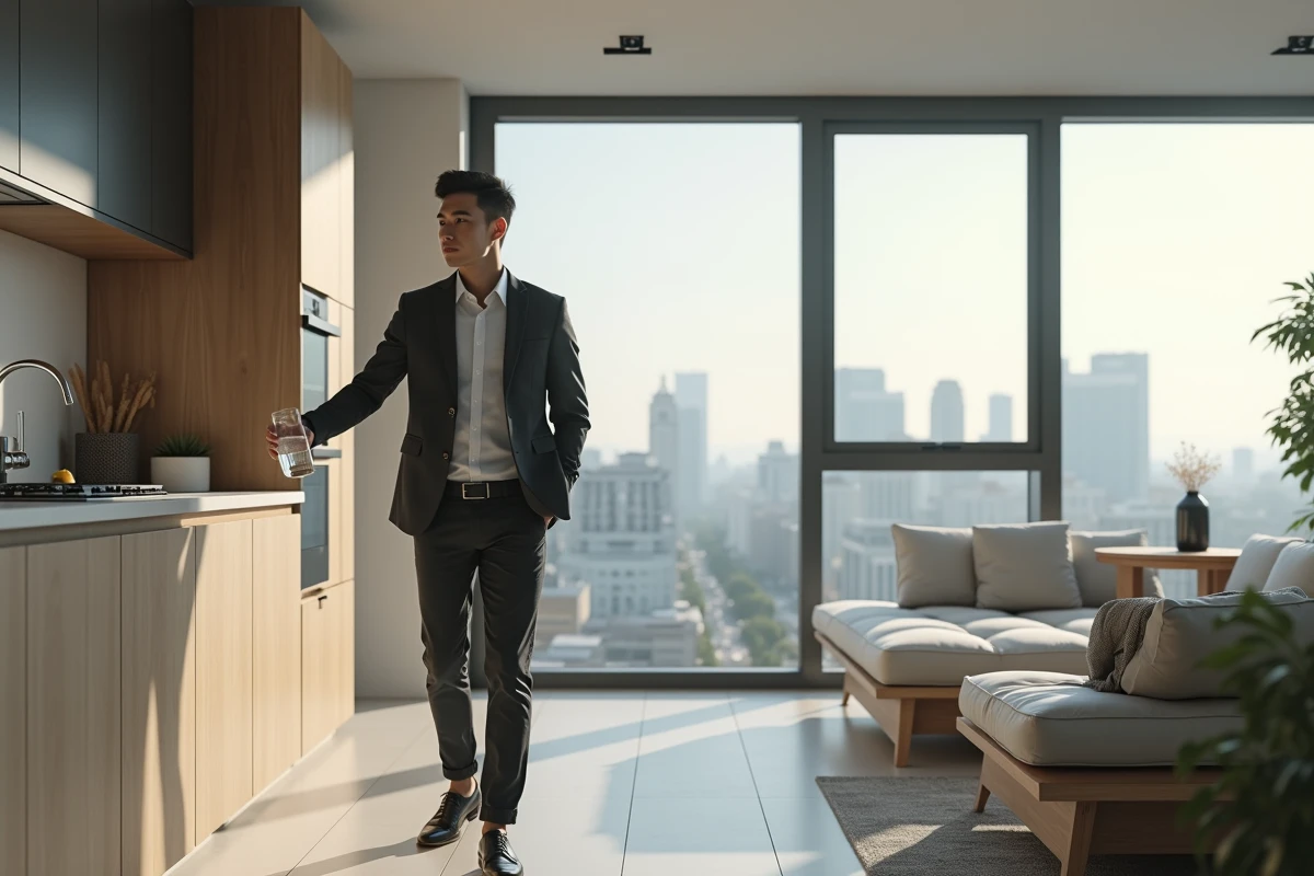 Jeune homme en cuisine moderne versant de l