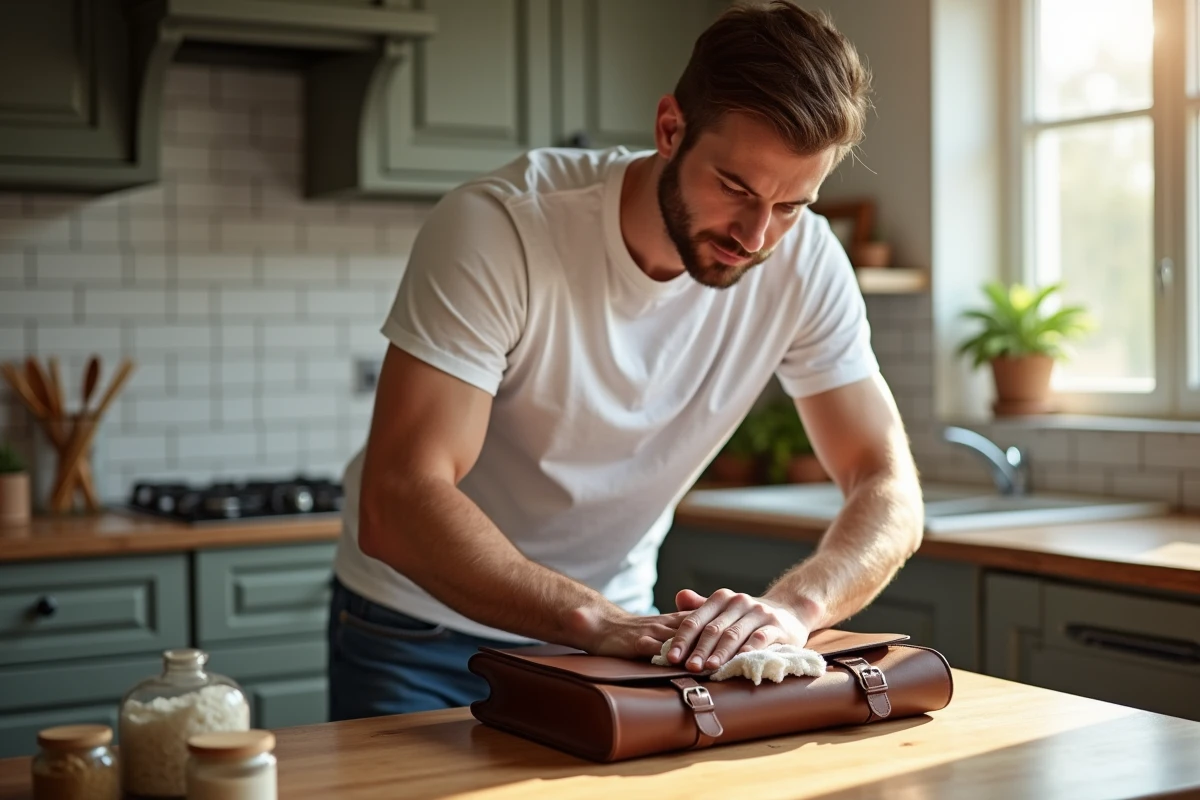 Jeune homme polissant un sac en cuir avec un chiffon naturel