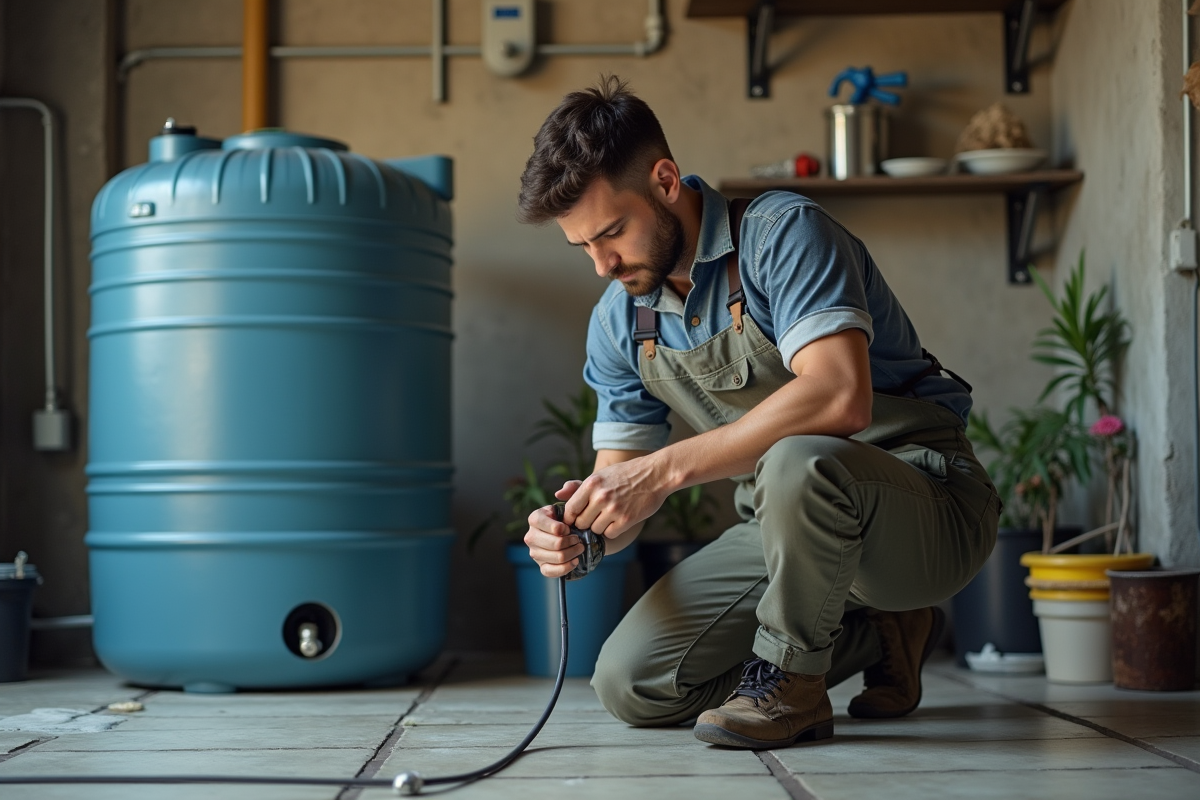 Jeune homme raccordant un tuyau à une cuve d