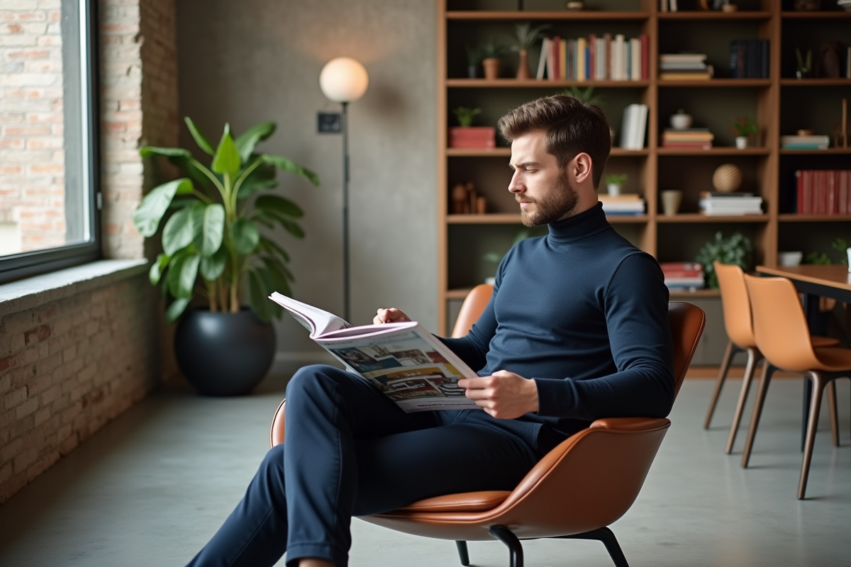 Jeune homme lisant magazine dans un loft moderne
