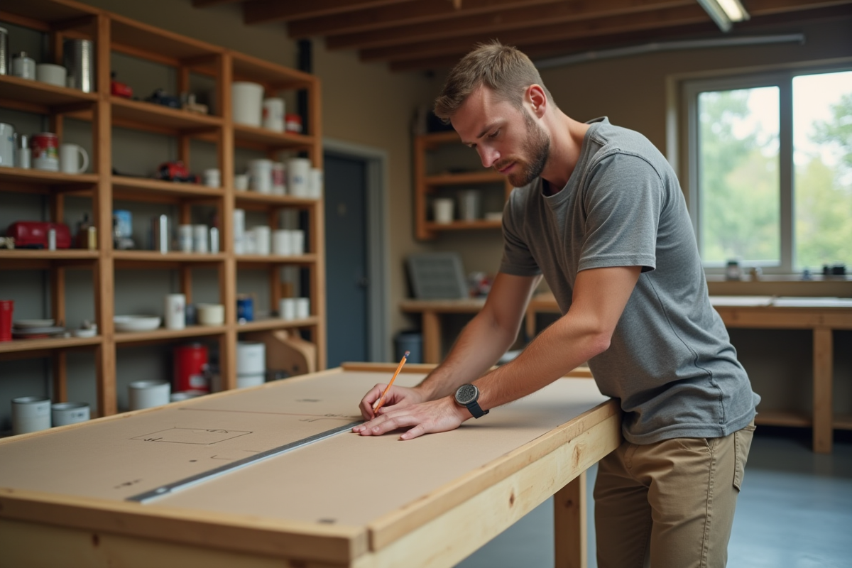 Jeune homme marquant des dimensions sur un carton dans un garage