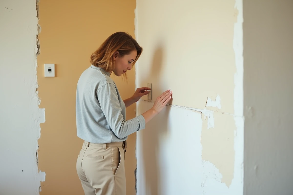Femme lissant un joint acrylique transparent le long d'une plinthe avant la peinture dans un salon en cours de rénovation