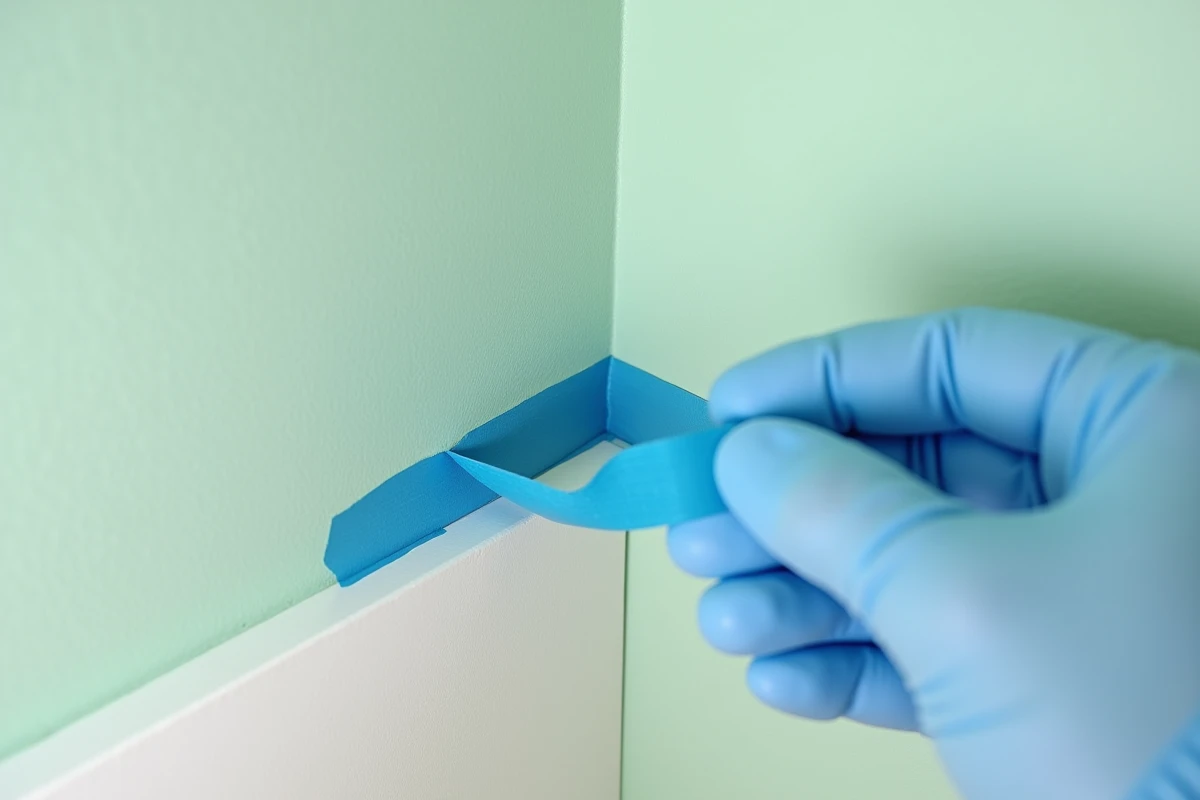 Gros plan d'un joint acrylique séché en angle de mur avec ruban de masquage retiré après application de peinture verte