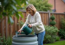 Femme dans son jardin utilisant un récupérateur d'eau