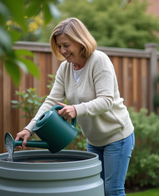Femme dans son jardin utilisant un récupérateur d'eau