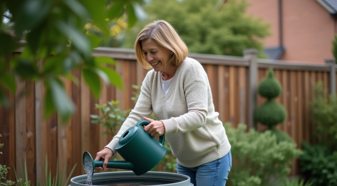 Femme dans son jardin utilisant un récupérateur d'eau