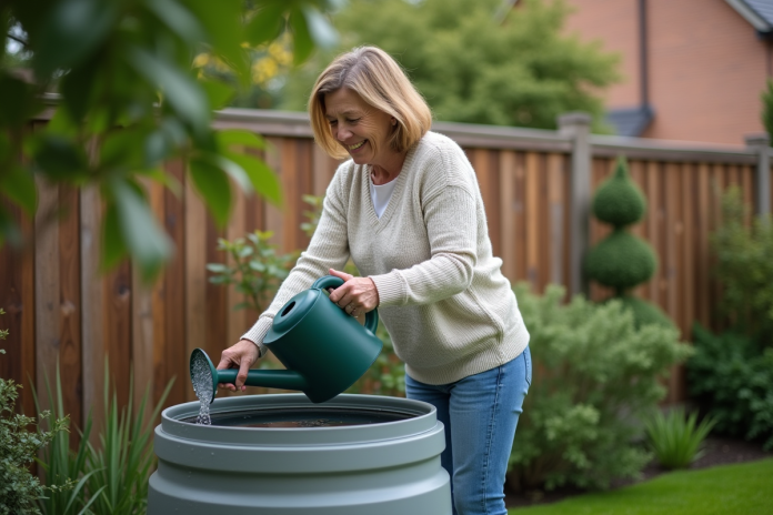 jolie-jardiniere-collecte-eau Femme dans son jardin utilisant un récupérateur d'eau