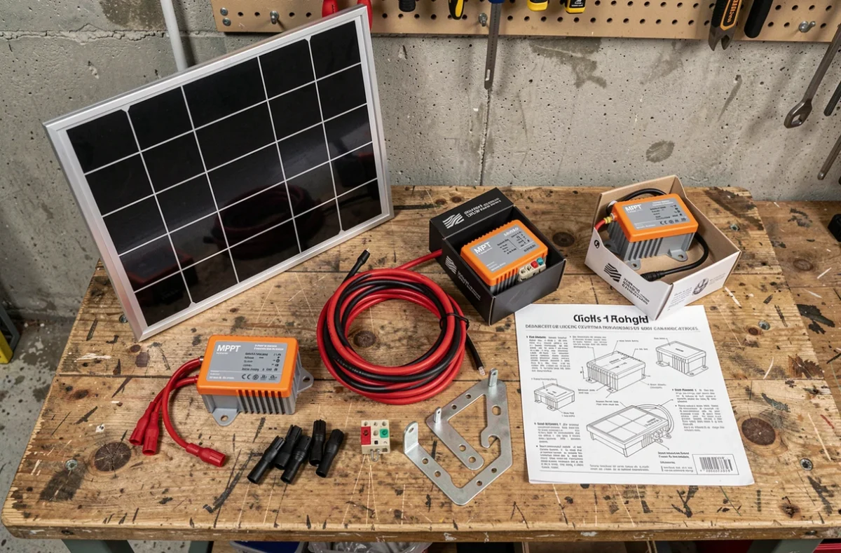 Kit panneau solaire complet pour fourgon aménagé avec régulateur MPPT, câbles et accessoires sur établi en bois