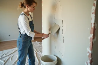 Femme appliquant un enduit de lissage sur un mur en plâtre avec une spatule large lors de travaux de rénovation intérieure