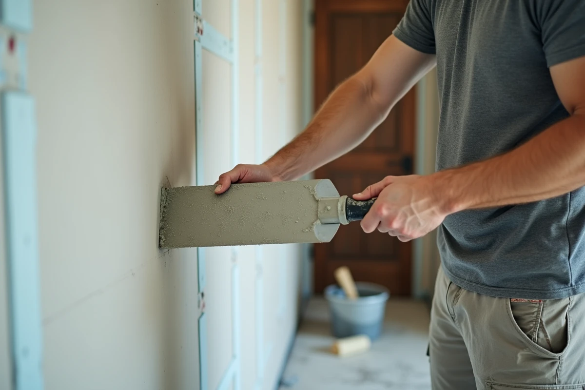 Homme lissant un mur en placo avec une taloche de finition et de l'enduit de jointement dans un couloir en rénovation