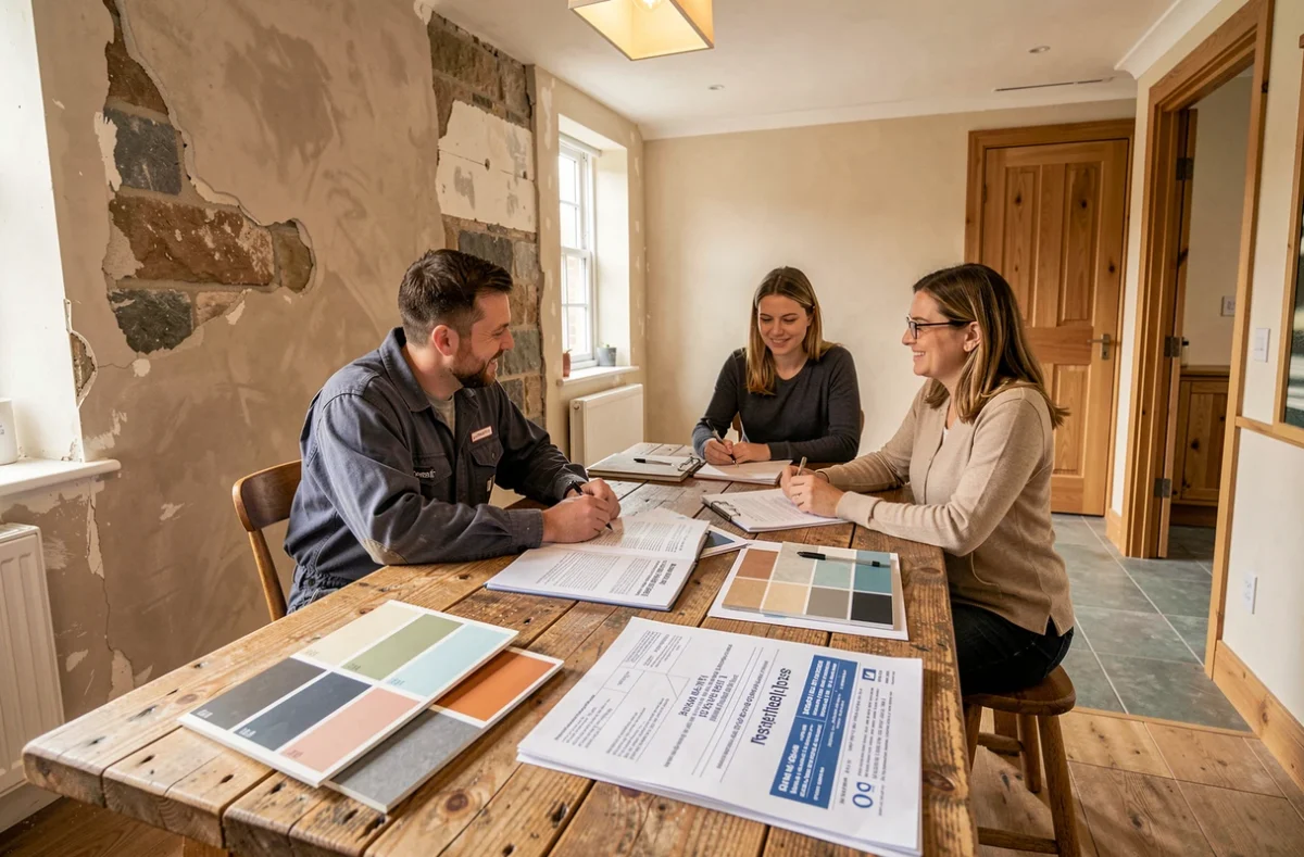 Réunion de coordination de travaux dans une maison normande en cours de rénovation, avec responsable de projet et propriétaires consultant des documents et échantillons de matériaux