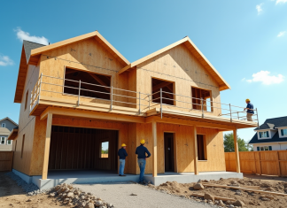 Construction maison à deux étages : coût et budget à prévoir en 2025 Maison moderne à deux étages en construction avec charpentes en bois