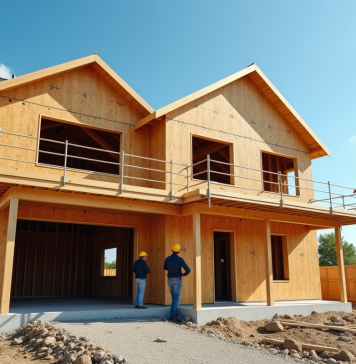 Construction maison à deux étages : coût et budget à prévoir en 2025 Maison moderne à deux étages en construction avec charpentes en bois