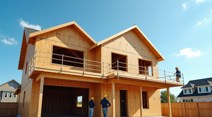 Maison moderne à deux étages en construction avec charpentes en bois
