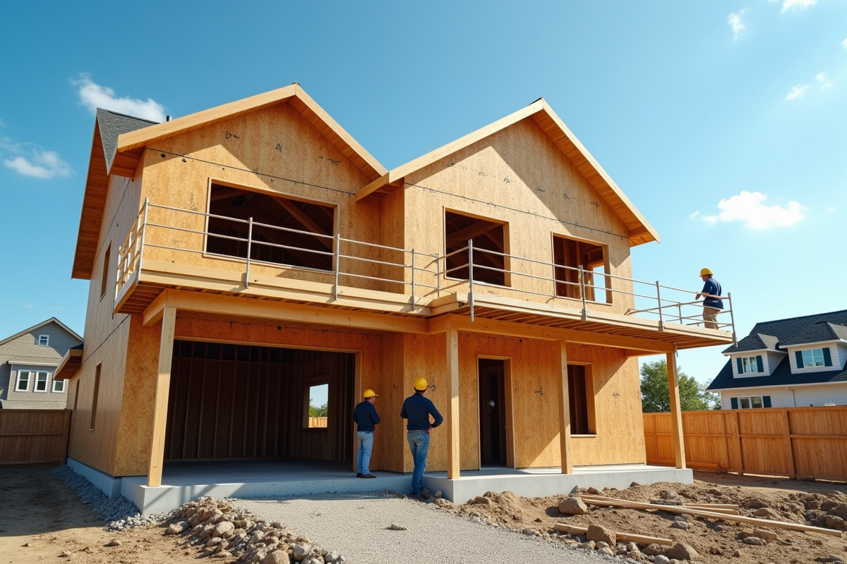 Maison moderne à deux étages en construction avec charpentes en bois