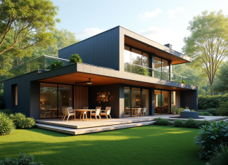 Véranda : Comment déterminer si l’on peut l’installer chez soi ? Maison moderne avec veranda lumineuse et jardin verdoyant