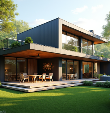 Véranda : Comment déterminer si l’on peut l’installer chez soi ? Maison moderne avec veranda lumineuse et jardin verdoyant