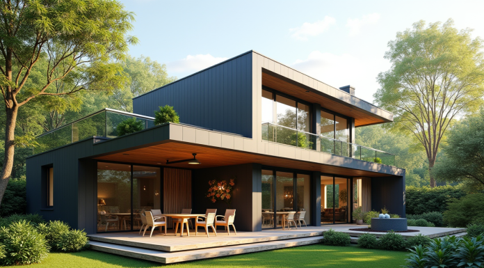 Maison moderne avec veranda lumineuse et jardin verdoyant