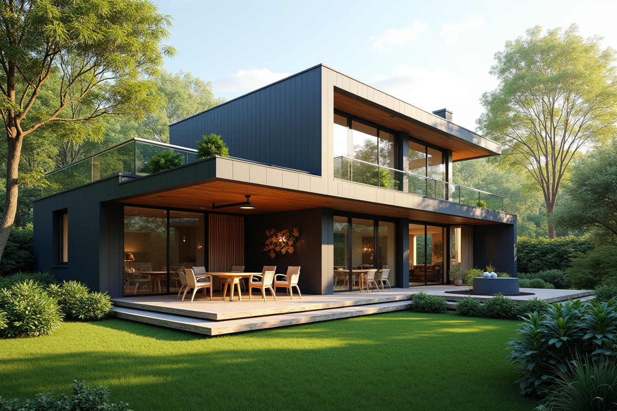 Maison moderne avec veranda lumineuse et jardin verdoyant
