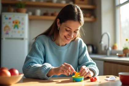 Jeune maman répare un jouet coloré dans la cuisine lumineuse