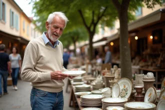 Homme age examine vaisselle vintage en brocante en Provence