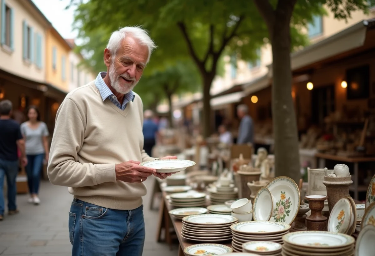 Homme age examine vaisselle vintage en brocante en Provence
