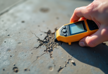 Prise de mesure d'humidite sur beton usé en gros plan