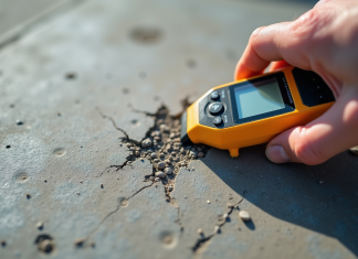 Durée de vie du béton : mesures, entretien, facteurs influents Prise de mesure d'humidite sur beton usé en gros plan