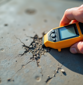 Durée de vie du béton : mesures, entretien, facteurs influents Prise de mesure d'humidite sur beton usé en gros plan
