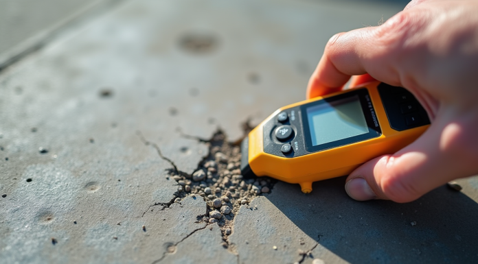 Prise de mesure d'humidite sur beton usé en gros plan