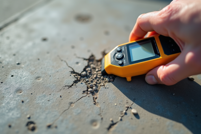 materiau-beton-humidite-mesure Prise de mesure d'humidite sur beton usé en gros plan