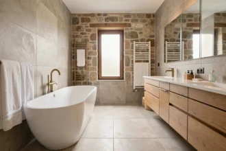 Salle de bain moderne rénovée dans l'Oise avec baignoire îlot et carrelage grand format