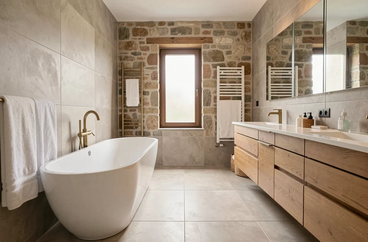 Salle de bain moderne rénovée dans l'Oise avec baignoire îlot et carrelage grand format