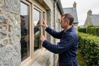 Poseur de fenêtres professionnel mesurant un châssis sur une maison en pierre bretonne traditionnelle