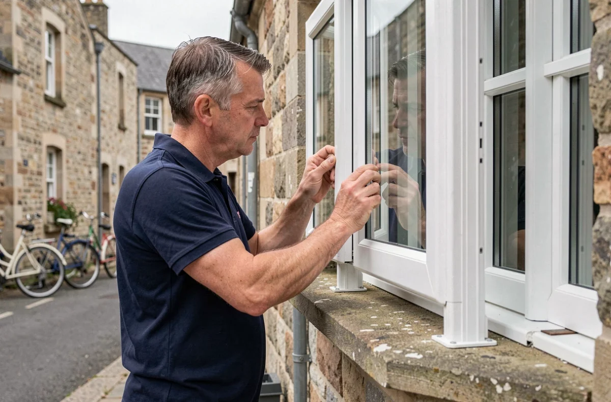 Menuisier de l'Entreprise Menuiserie Pontivy posant une baie vitrée PVC blanche en centre-ville breton