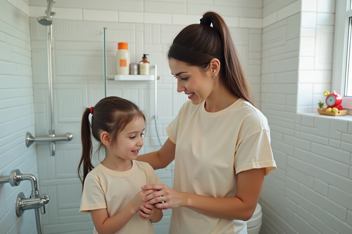 Mère apprenant à sa fille à économiser l'eau sous la douche dans une salle de bain familiale moderne
