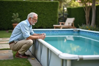Propriétaire mesurant les dimensions de sa piscine hors-sol dans un jardin pavillonnaire pour calculer la taxe foncière