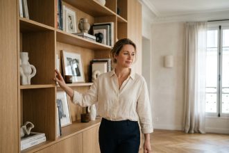 Femme admirant un meuble bibliothèque sur mesure intégré dans un salon parisien contemporain en chêne naturel