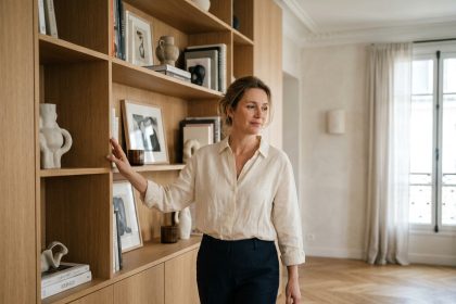 Femme admirant un meuble bibliothèque sur mesure intégré dans un salon parisien contemporain en chêne naturel
