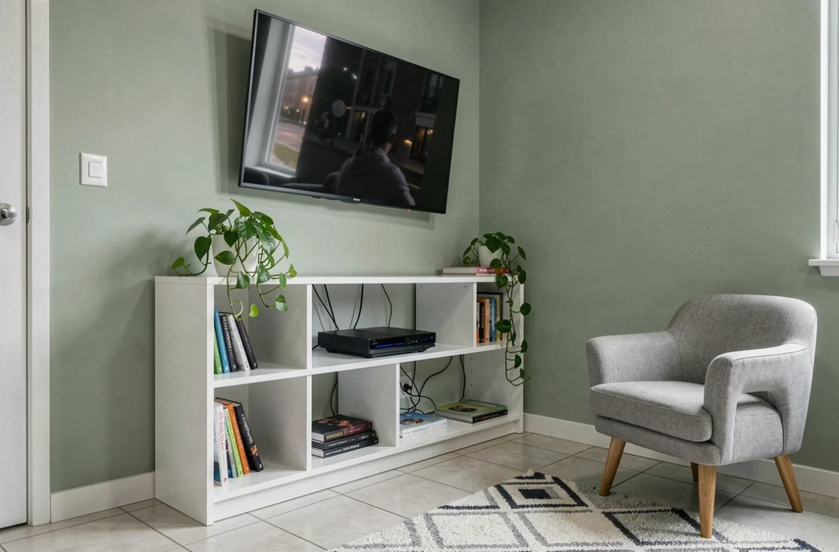 Meuble télé d'angle blanc laqué optimisant l'espace dans un salon de petit appartement
